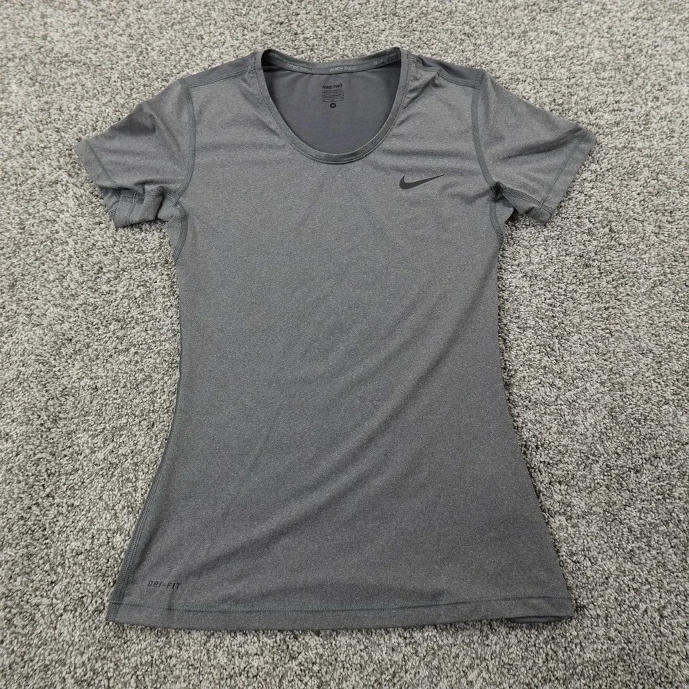 Nike Pro Shirt Womens M Gray Dri FIT Swoosh Athletic Tee Performance Workout Gym
